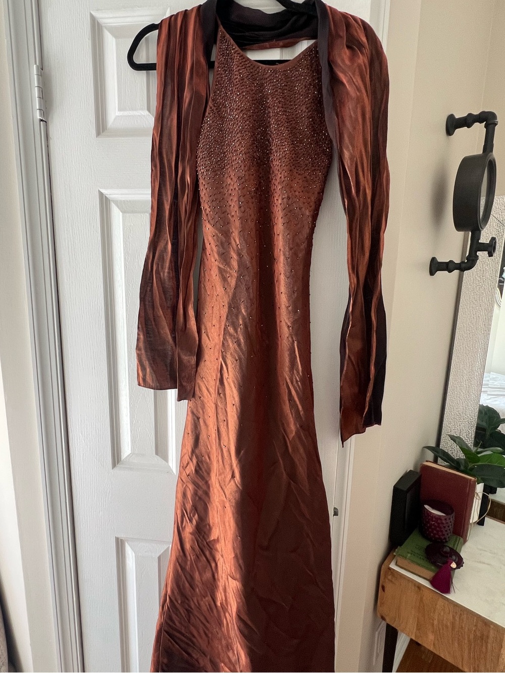 Iridescent Copper Sleeveless YK2 evening Dress with Matching Shawl